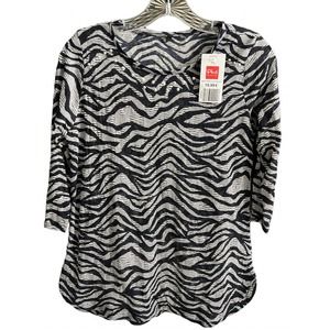 Women’s Black White Zebra Print Blouse Top Crew Neck Size L